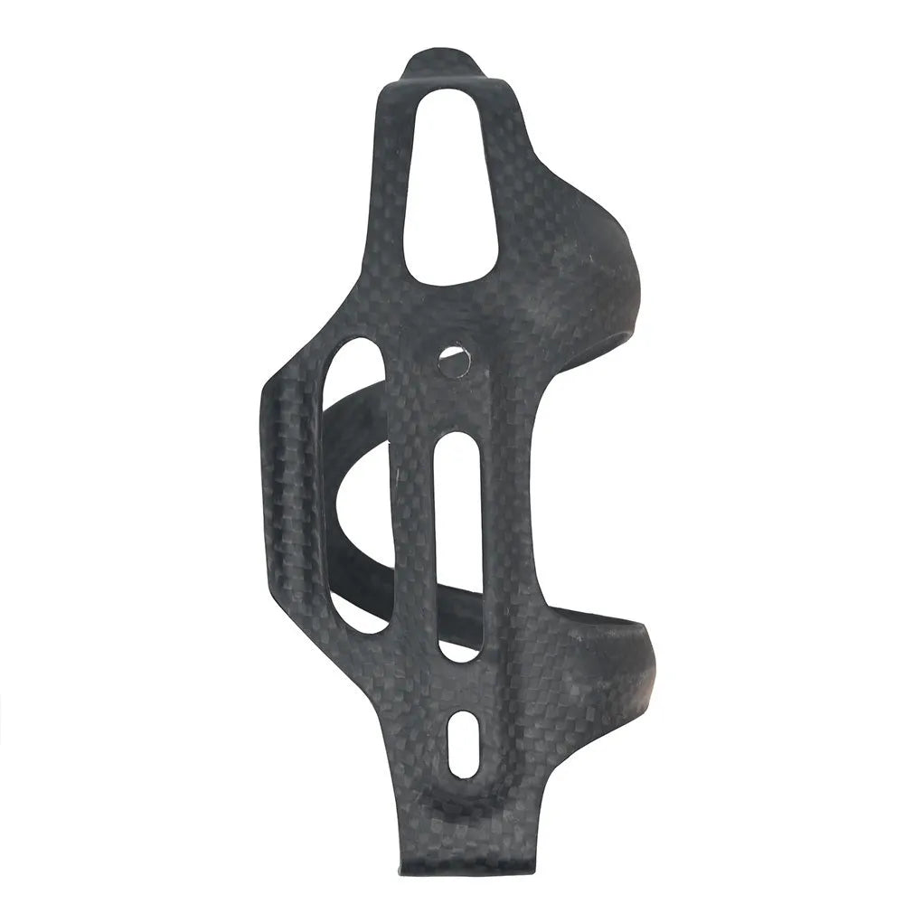 Black carbon fibre side pull bicycle water bottle cage showing mounting holes.