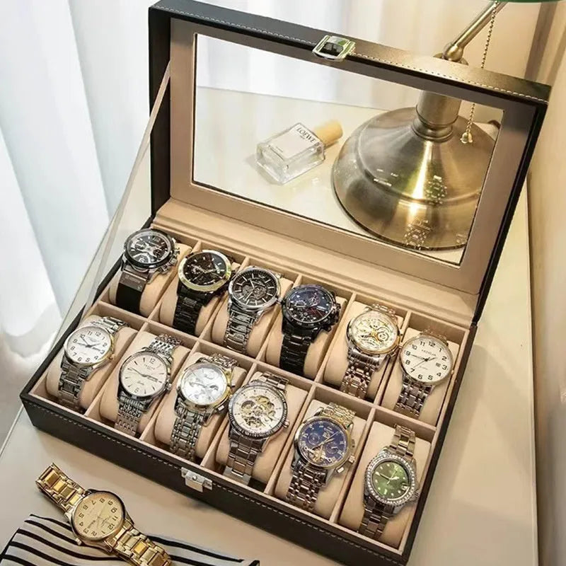 Grey high-grade leather watch storage box with dustproof see-through lid, 10-bit capacity