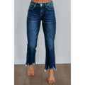 Women's casual denim jeans in solid dark blue with a hand-worn distressed finish.
