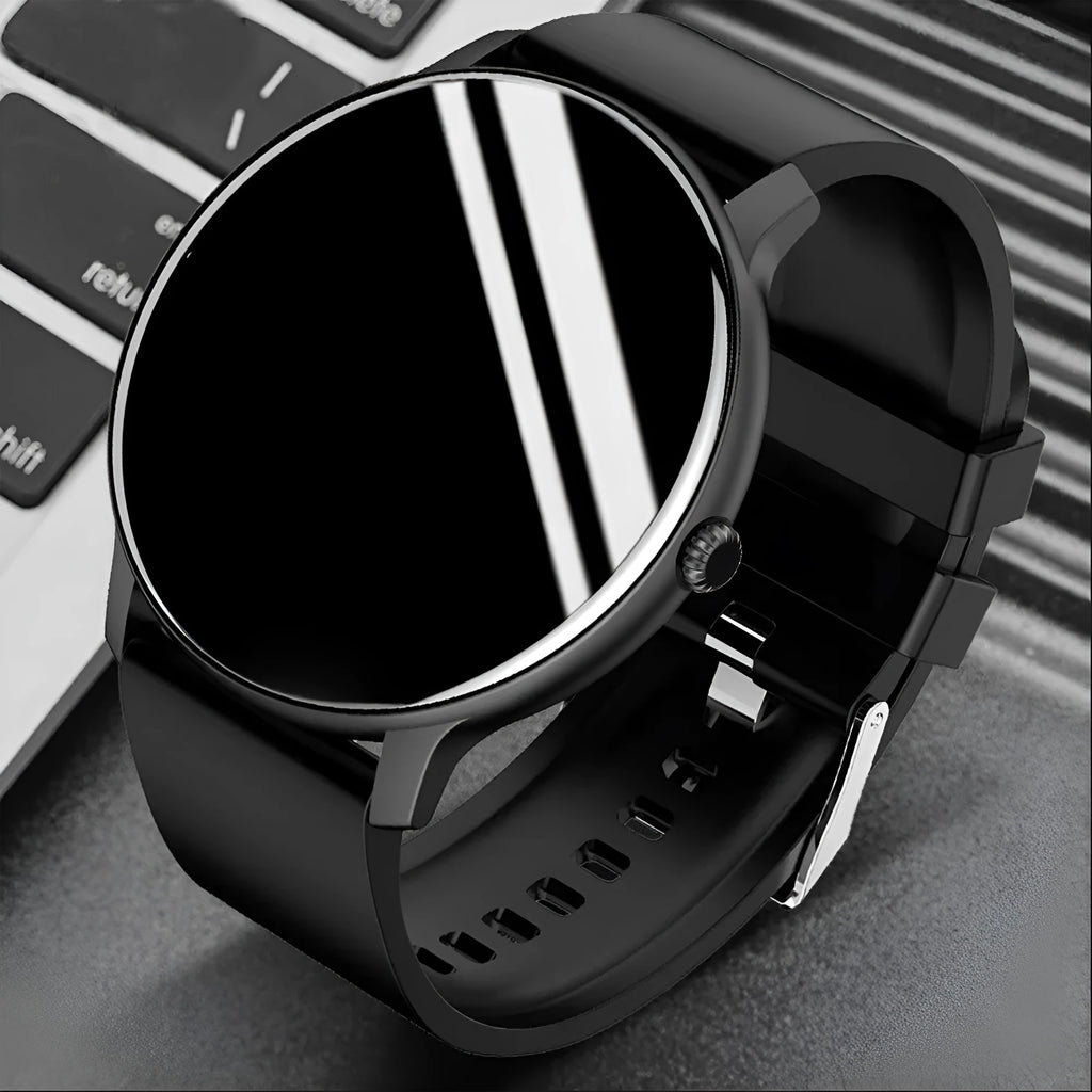 1.28-inch blood pressure health smart watch with heart rate monitor, black face, glass screen, side button