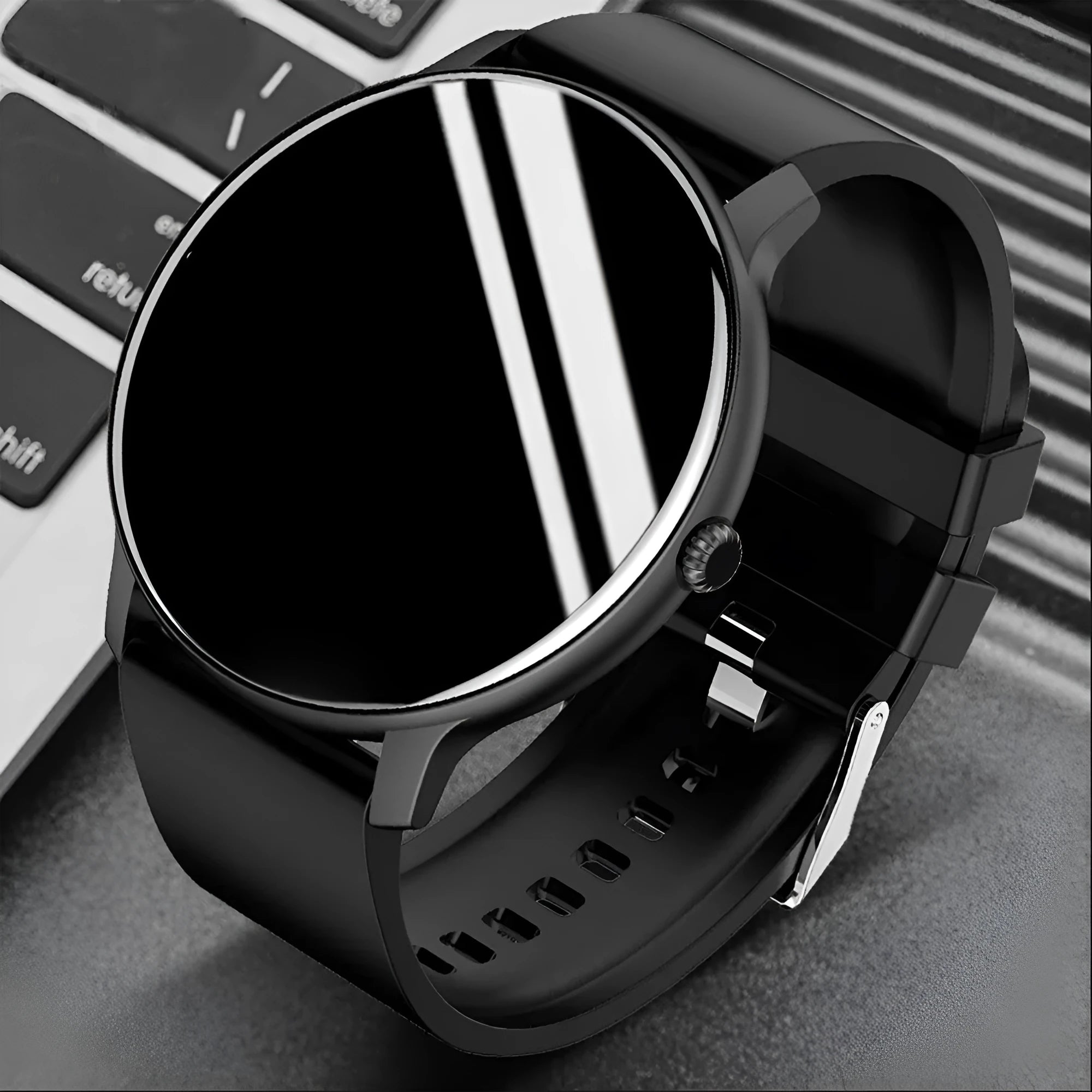 1.28-inch blood pressure health smart watch with heart rate monitor, black face, glass screen, side button