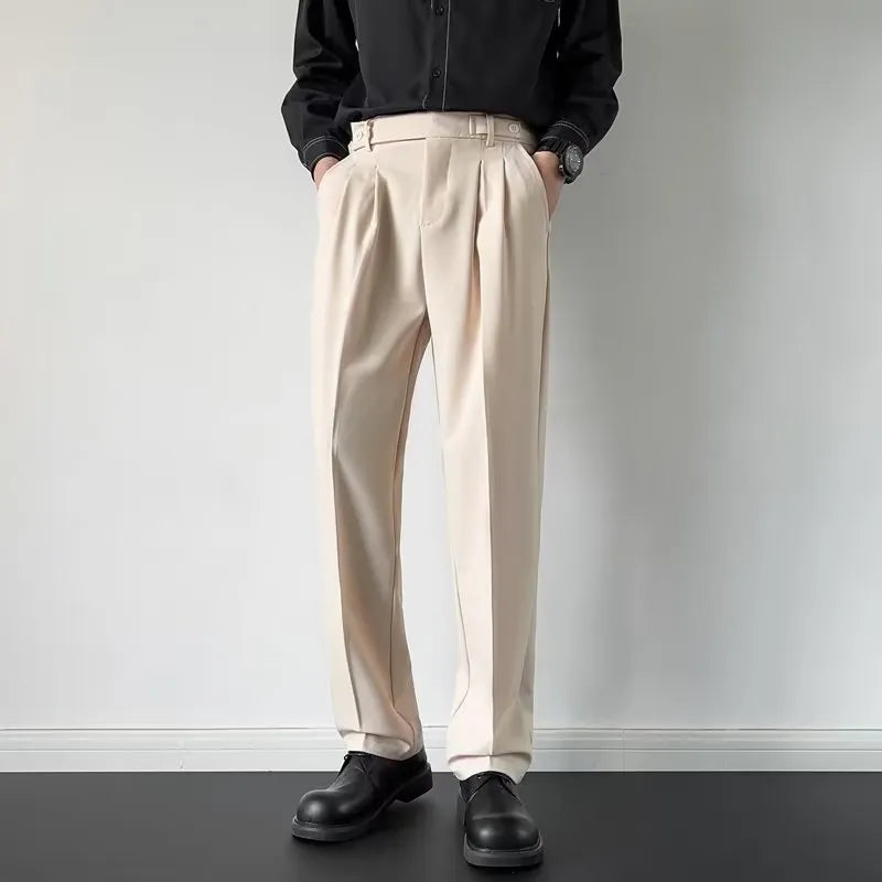 Men's straight loose fit suit trousers in apricot and black colours with mid-rise waist