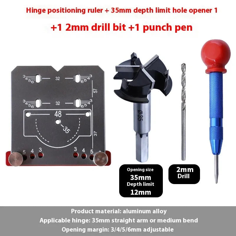 Aluminium hinge locating rule tool for 35mm cabinet hinges with adjustable margin settings and a tapper blade.