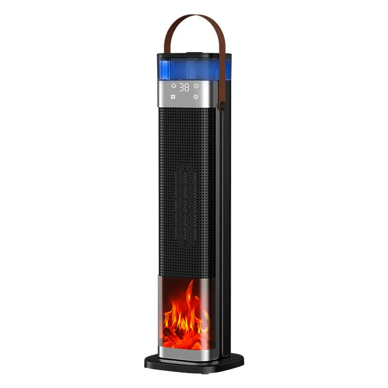 Tall, slim vertical heater in upgraded colour with remote control on a wooden floor.