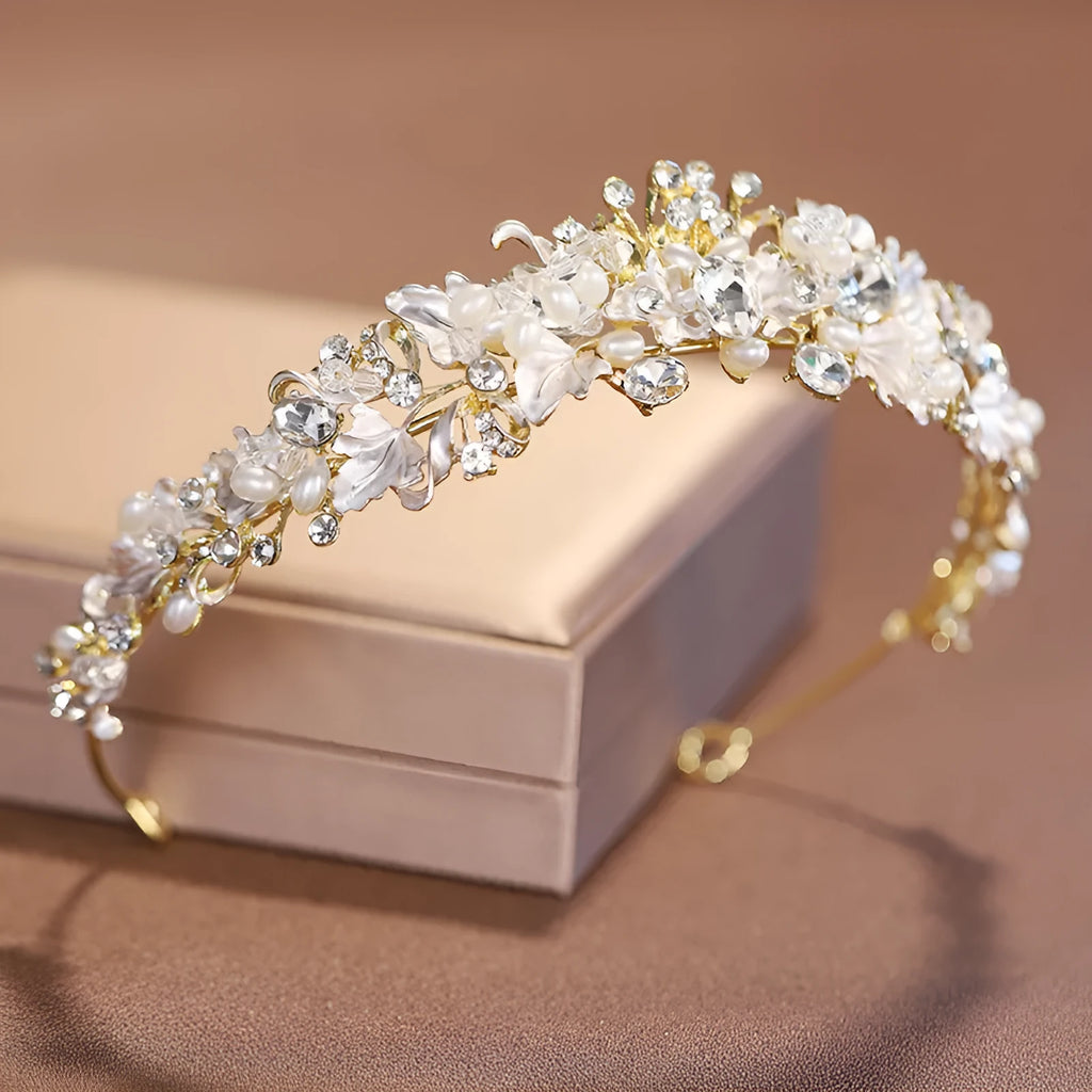 Women's pearl crown headdress with alloy construction and electroplated gold finish