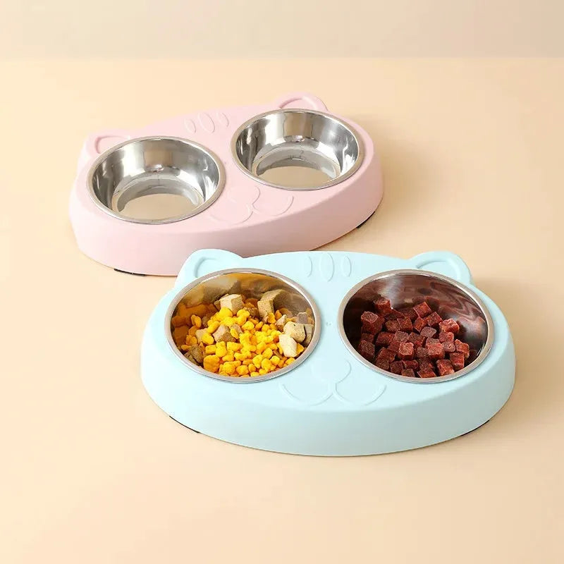 Blue plastic pet feeder tray with two raised bowls for cat or small dog food and water