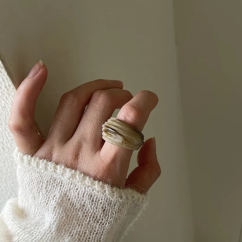 Chinese style irregular resin wide ring in geometric shape with retro colours