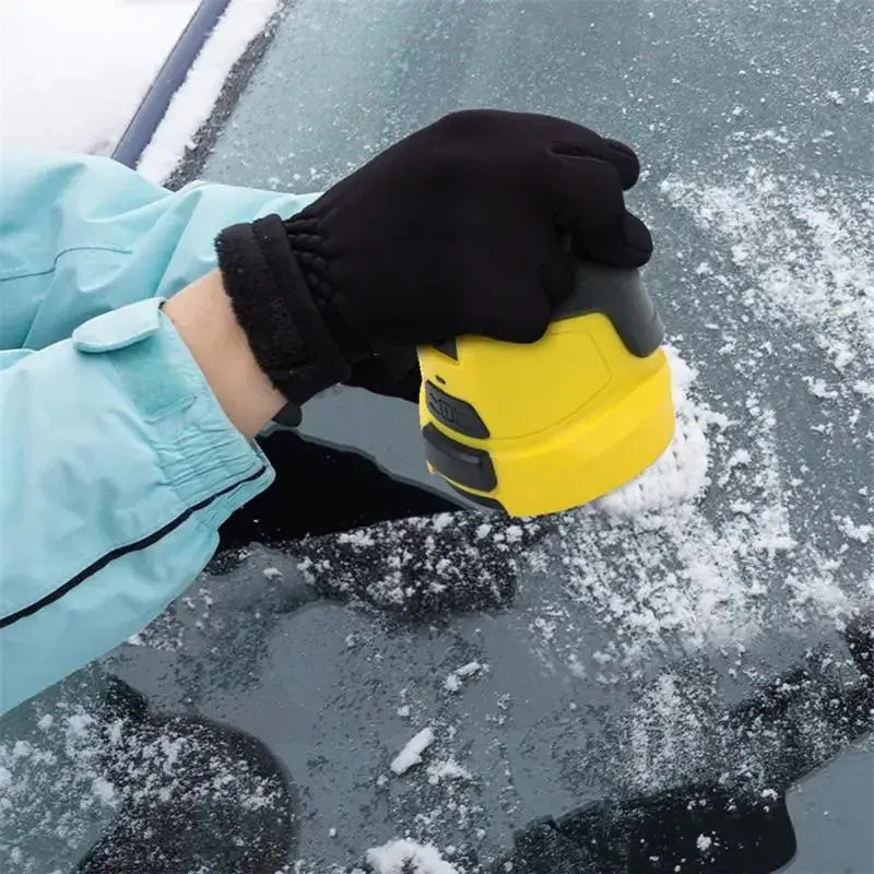 Cordless electric snow scraper in yellow ABS plastic with charging cable, measuring 118mm tall