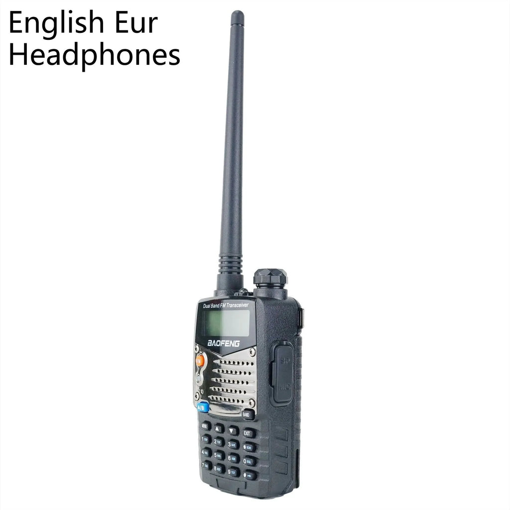 Baofeng UV-5RA dual-band two-way radio showing dual frequency display with 1800mAh battery