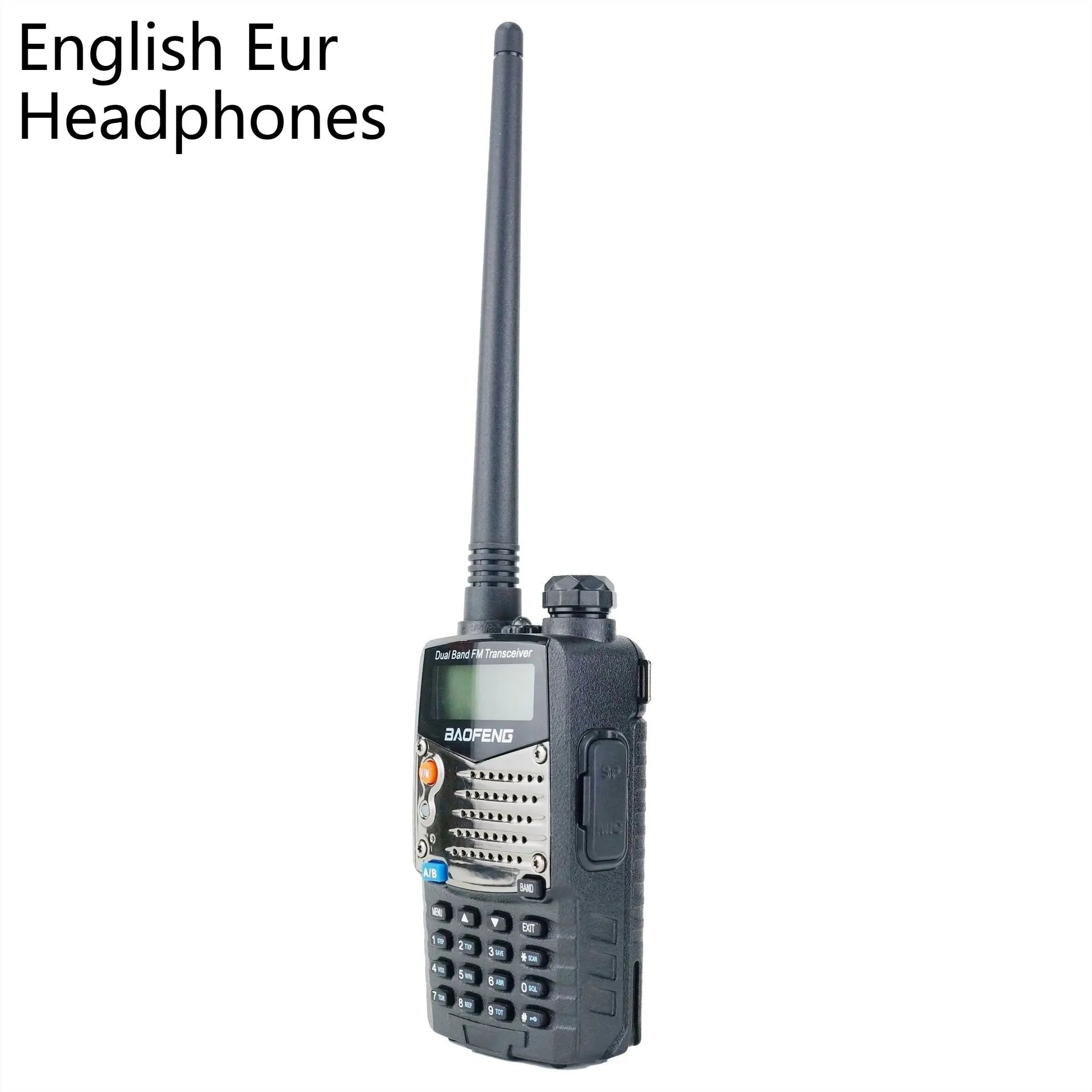 Baofeng UV-5RA dual-band two-way radio showing dual frequency display with 1800mAh battery