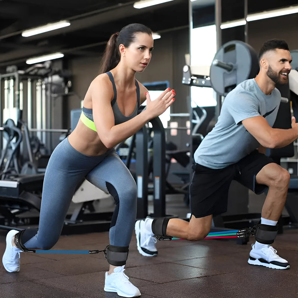 TPE resistance band exercise set with three tension levels and ankle buckle attachments