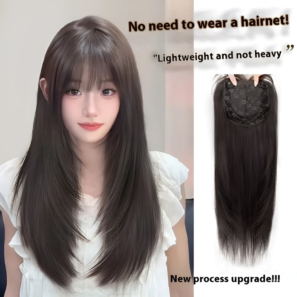 Black long straight high-layered full-head wig with built-in hair net for ladies.