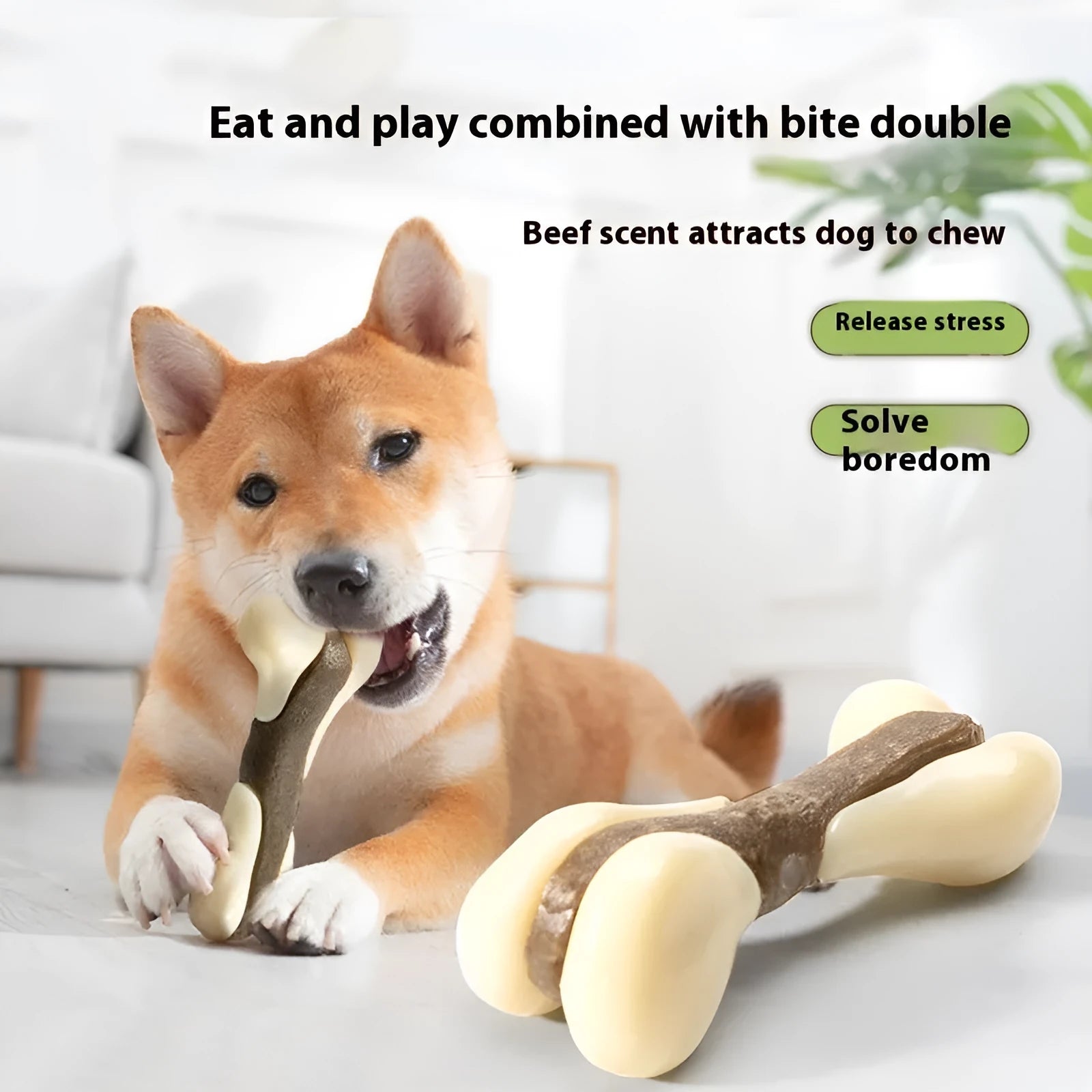 Cowhide and nylon bone grinding rod dog chew toy shown in two sizes.