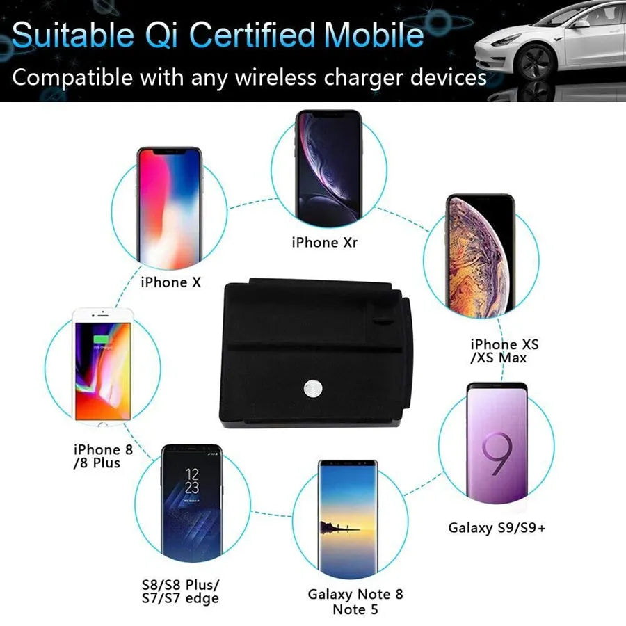 Black ABS wireless charging base stand holding a smartphone on a QI charging pad.