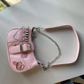 Women's soft PU underarm bag in pink with chain detail and three-dimensional outer pocket