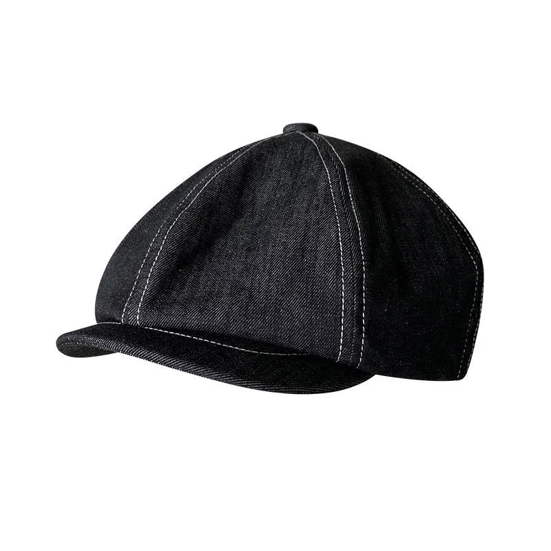 Black Japanese denim fabric six-panel retro beret hat for men and women unisex cotton cap