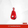 Red industrial lifting pulley with safety latch and forged steel construction for general cargo handling