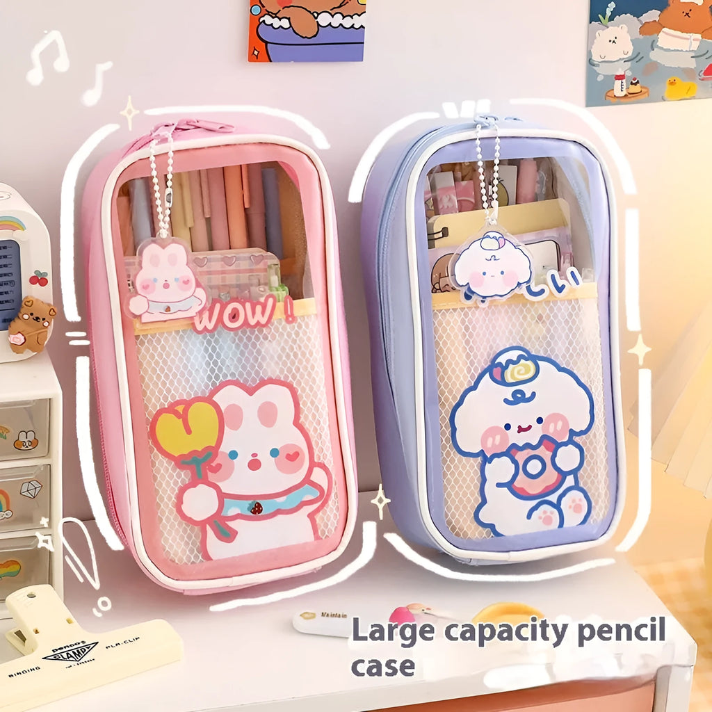 Transparent PVC pencil case with cartoon designs measuring 22cm length for school stationery organisation