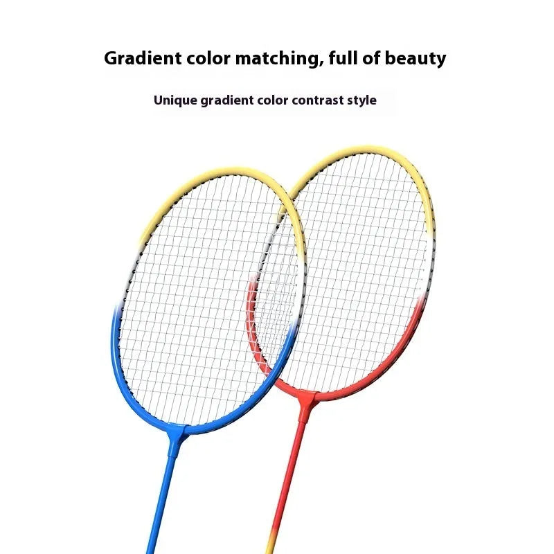 Blue and red alloy ultra-light split badminton rackets shown as a complete set of two