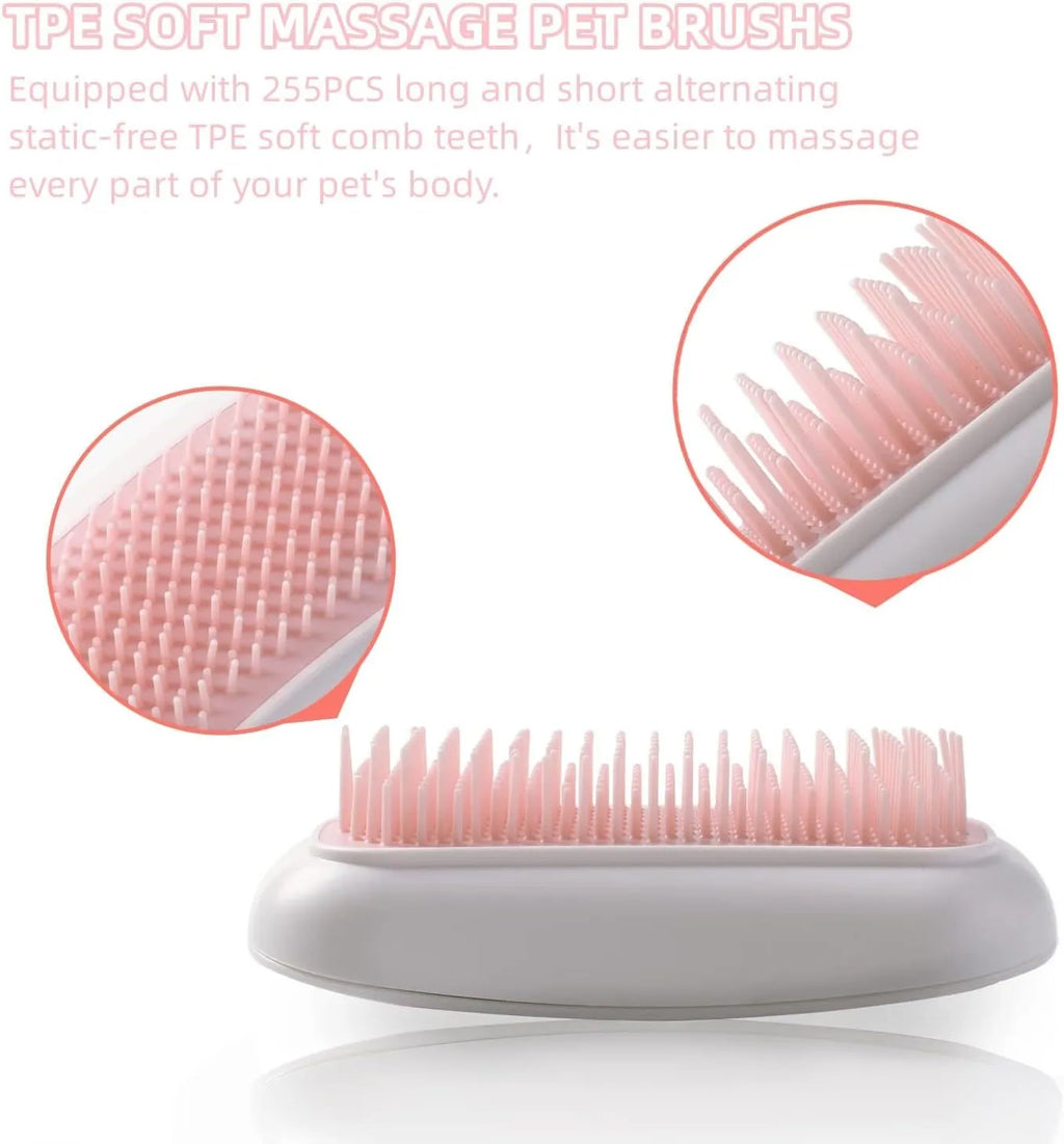 Pink handheld electric pet brush with TPE comb teeth for grooming cats and dogs.