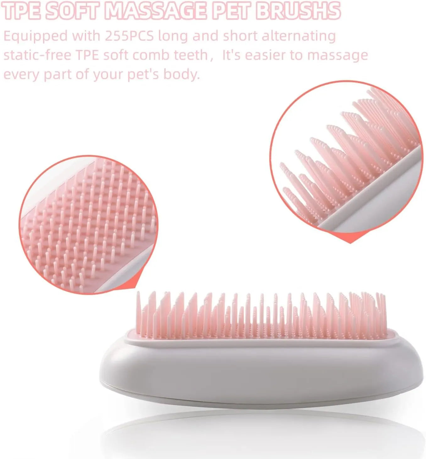 Pink handheld electric pet brush with TPE comb teeth for grooming cats and dogs.