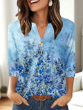 Women's loose fit V-neck top with 3D pattern print in Japanese Korean casual style