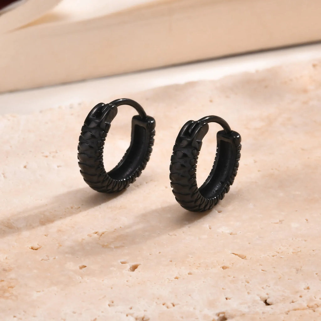 Stainless steel snake pattern drop hoop earrings in black and gold colours