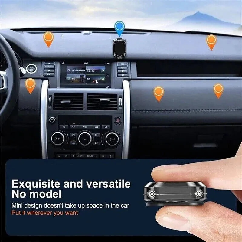 Chrome magnetic car phone holder with 360-degree rotation on dashboard