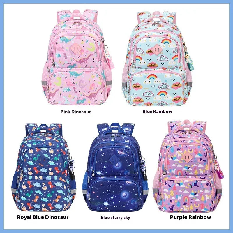 Children's waterproof school backpack with dinosaur pattern showing curved shoulder straps and spine protection feature