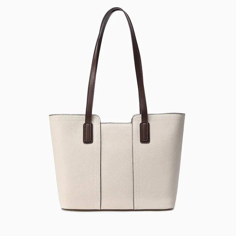 Genuine leather women's commuter shoulder bag in a box-type shape with a large capacity and sandwich pocket.