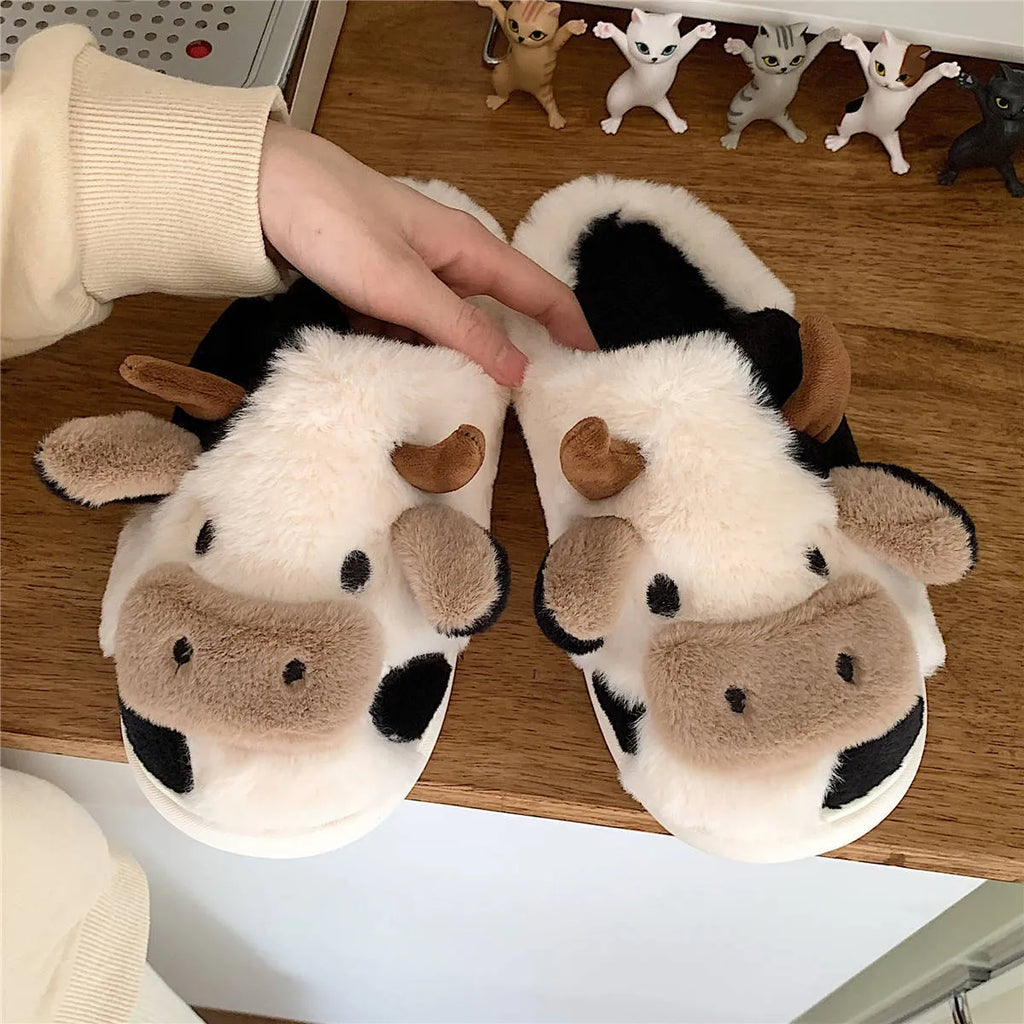 White cow print plush slippers for women with non-slip textured soles