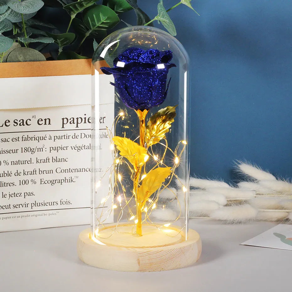 Eternal rose in glass cover with warm white LED strip light, six colour options, Valentines gift