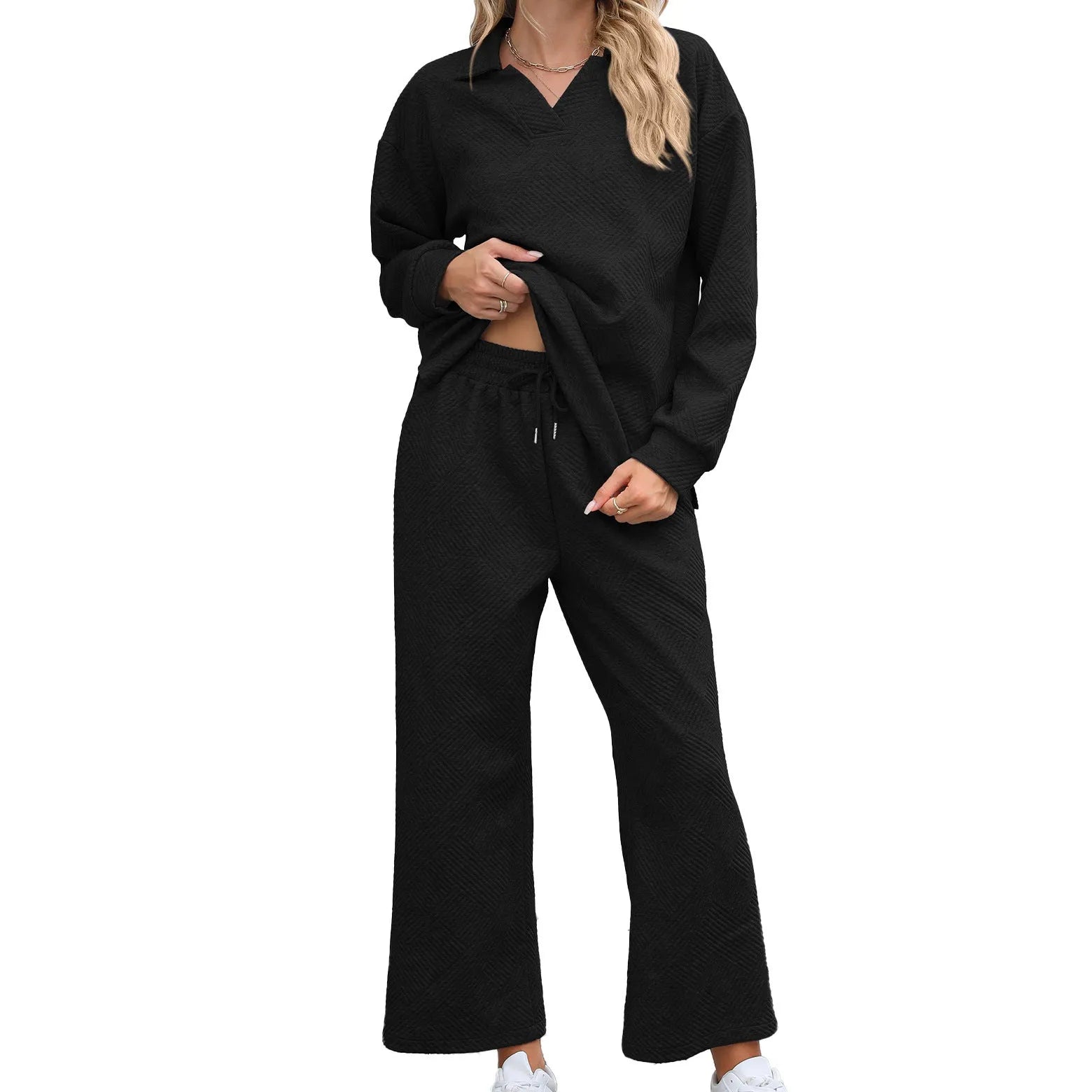 Women's solid colour lapel sweater and elastic waist trousers suit set in knitted jacquard geometric pattern
