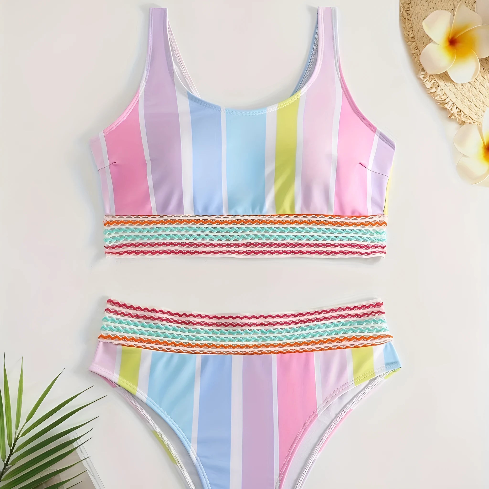 Women's striped two-piece bikini swimwear set with European and American fit sizing