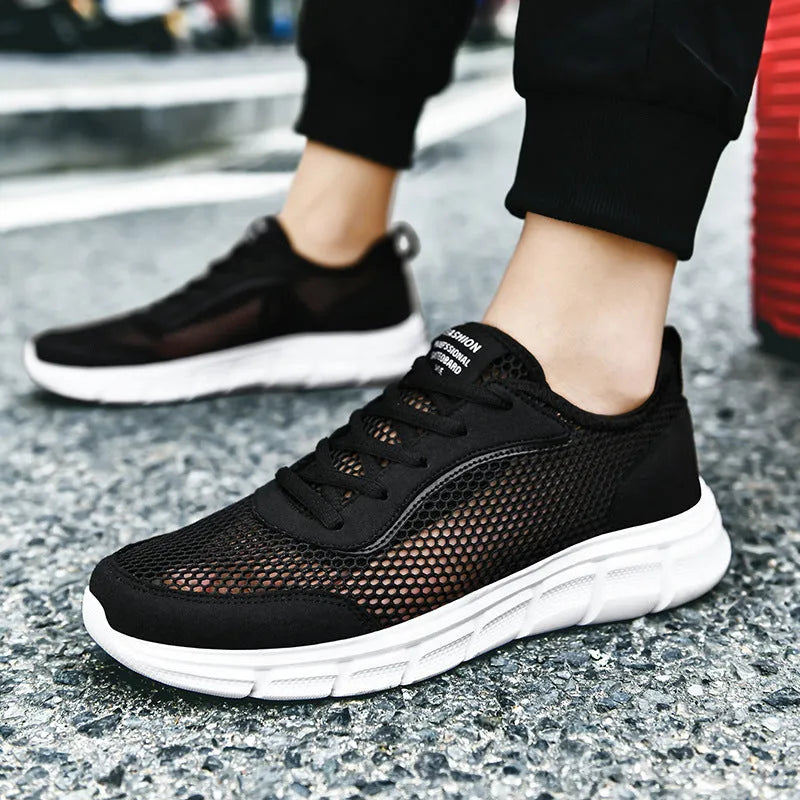 Men's breathable hollow mesh sports shoes in black, blue, and grey, sizes 37 to 48