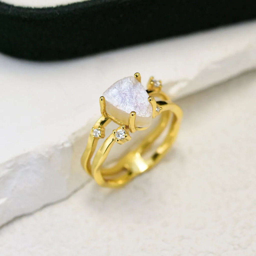 S925 sterling silver geometric triangle ring with moonstone centrepiece in rose gold electroplated finish