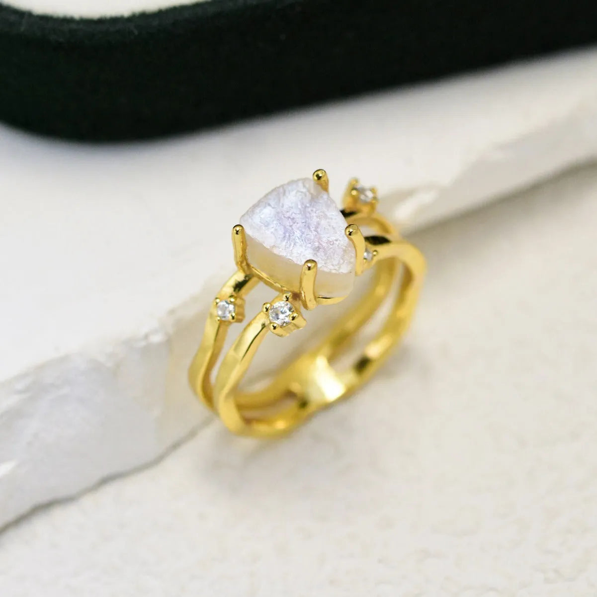 S925 sterling silver geometric triangle ring with moonstone centrepiece in rose gold electroplated finish