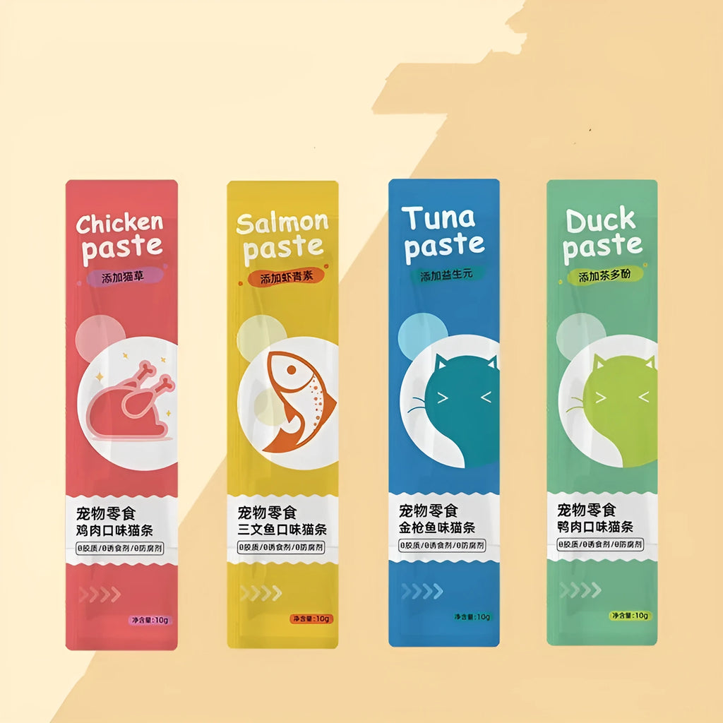 Pack of 10 moist cat strip snacks for kittens in four flavour varieties.