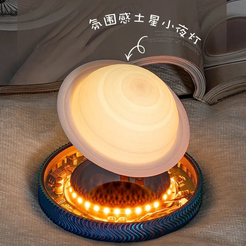Magnetic levitating moon night lamp with 3D printed texture on a bedside table.