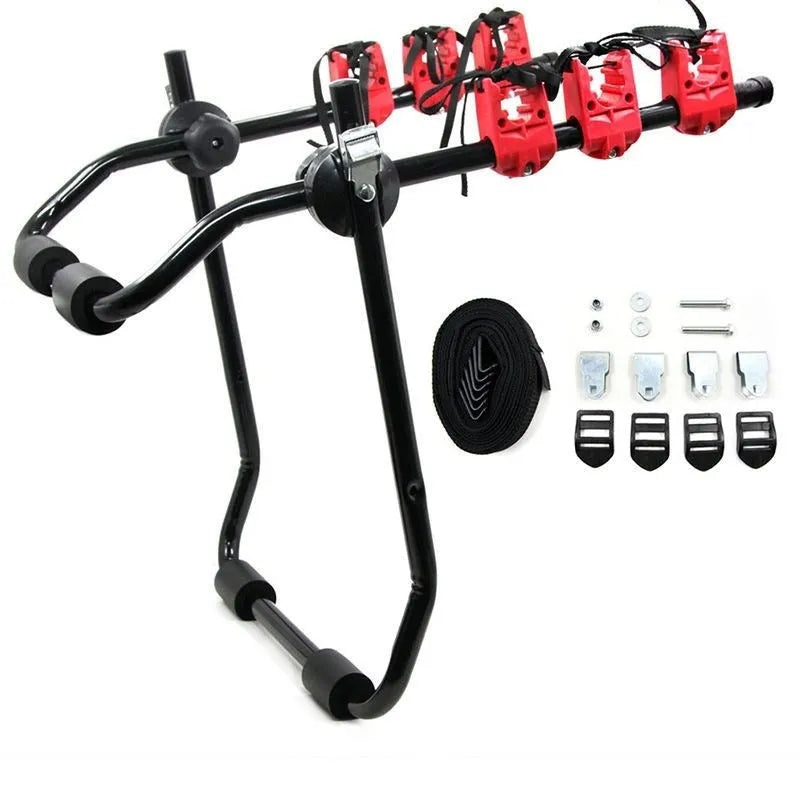 Black and red iron-framed car boot bike rack with tie rope fastenings.