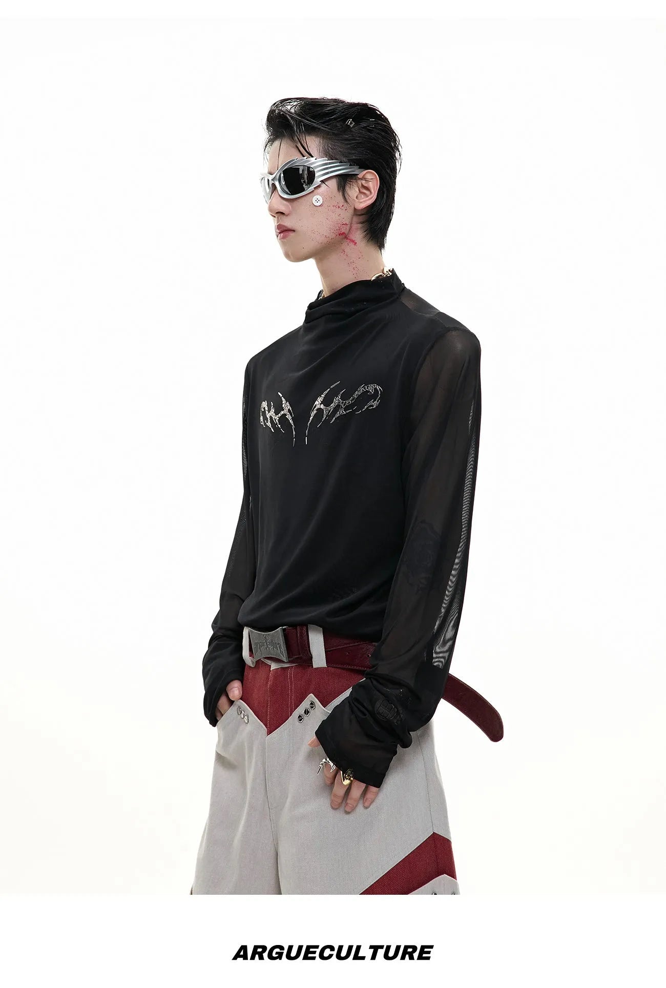 Black and white mesh ice-feel slim fit long sleeve bottoming shirt for layering