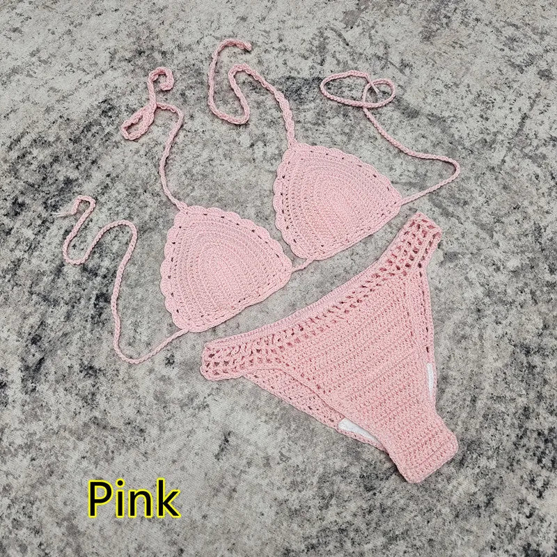 Women's 3-piece handmade crochet bikini beach skirt swimsuit set in solid colours