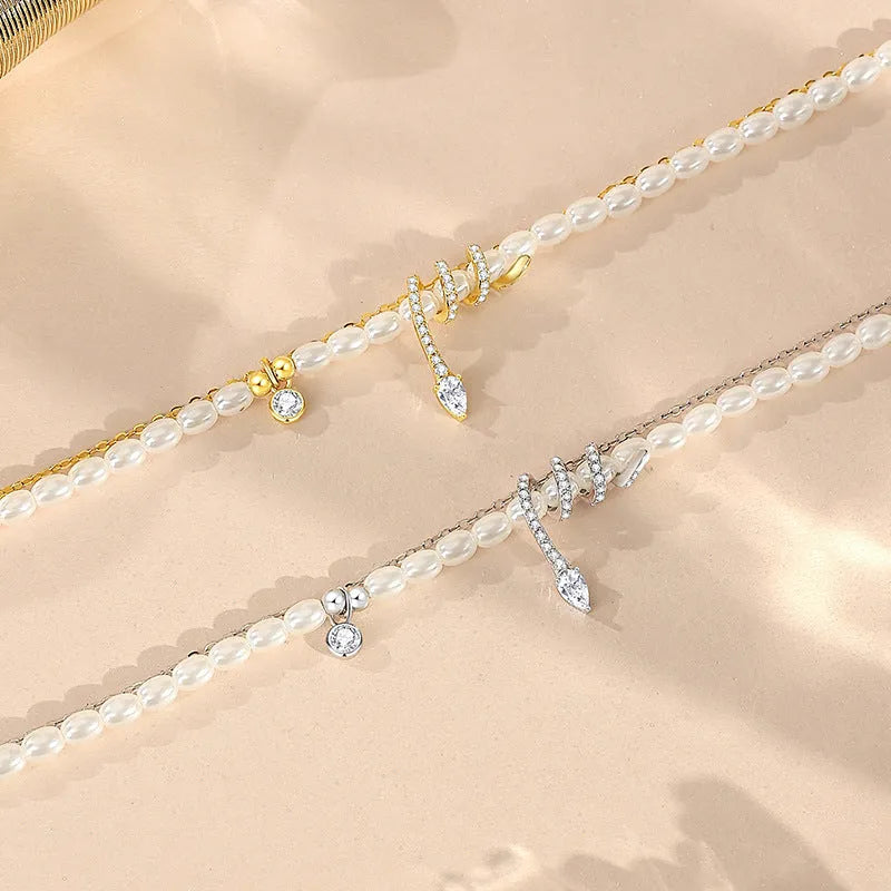 Pearl snake 925 sterling silver beaded bracelet, New Chinese style, electroplated gold colour finish