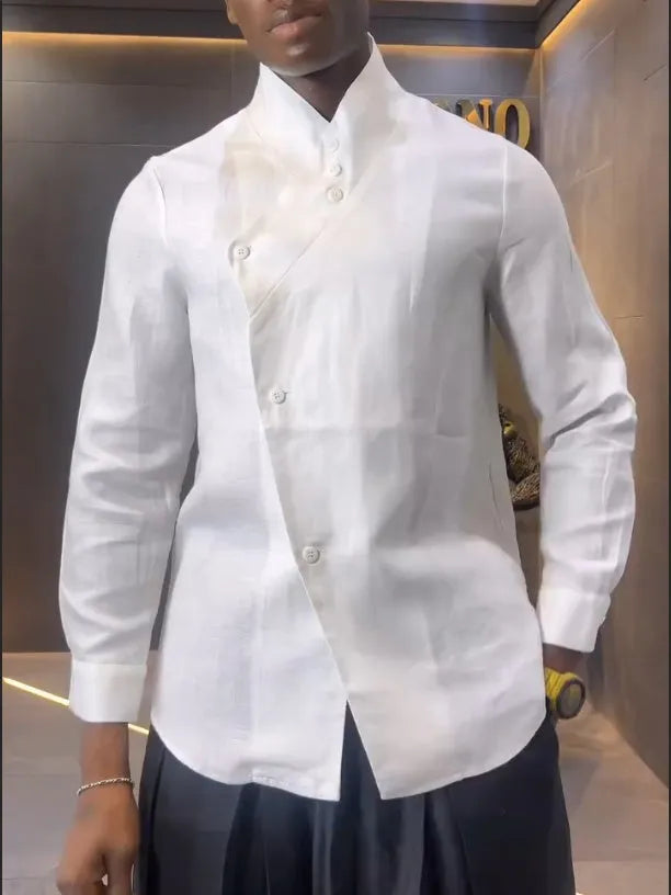 White asymmetric long sleeve shirt and black pleated pants set on model, regular fit, casual daily wear