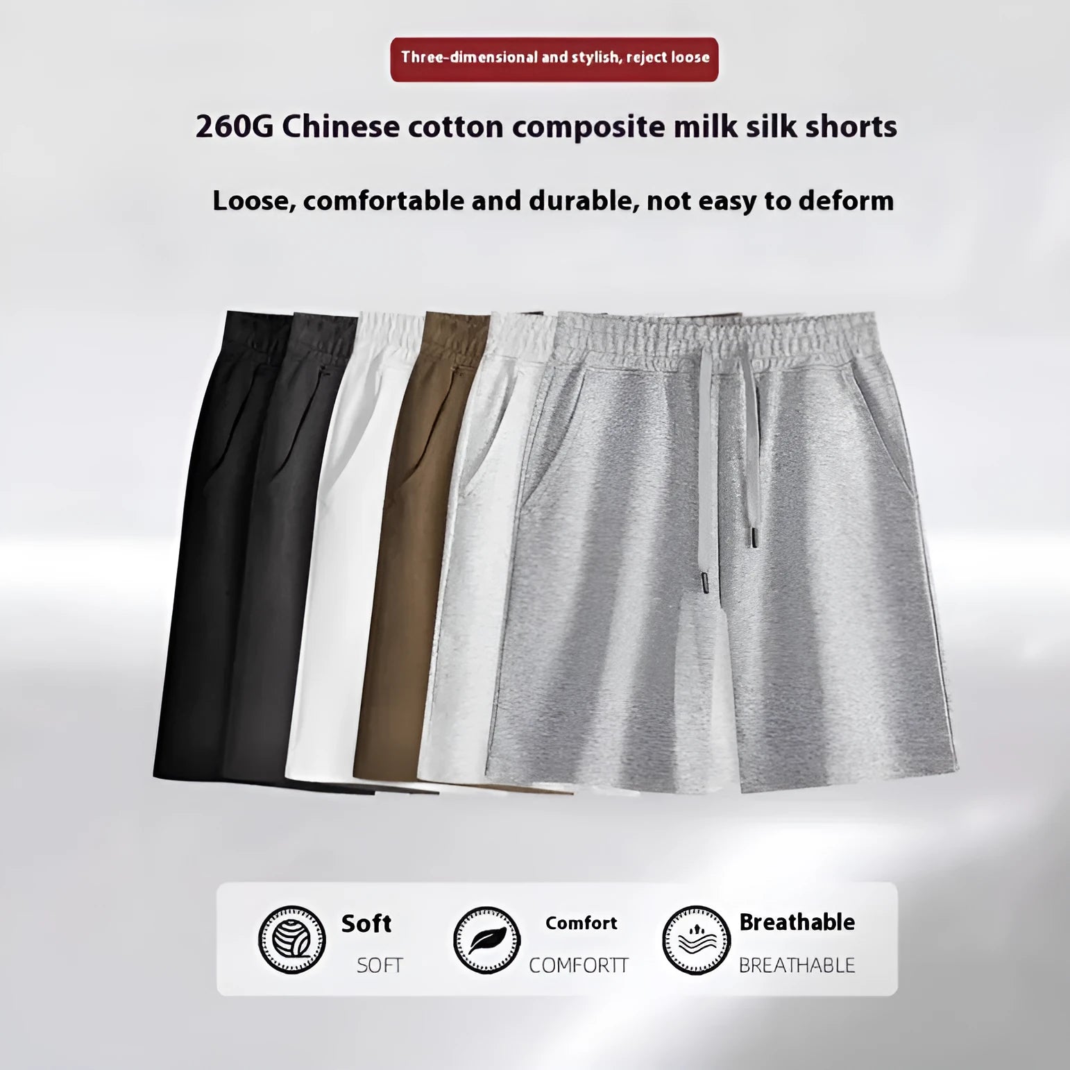 Cotton summer shorts in straight cut design showing micro-elastic fabric and available colour options