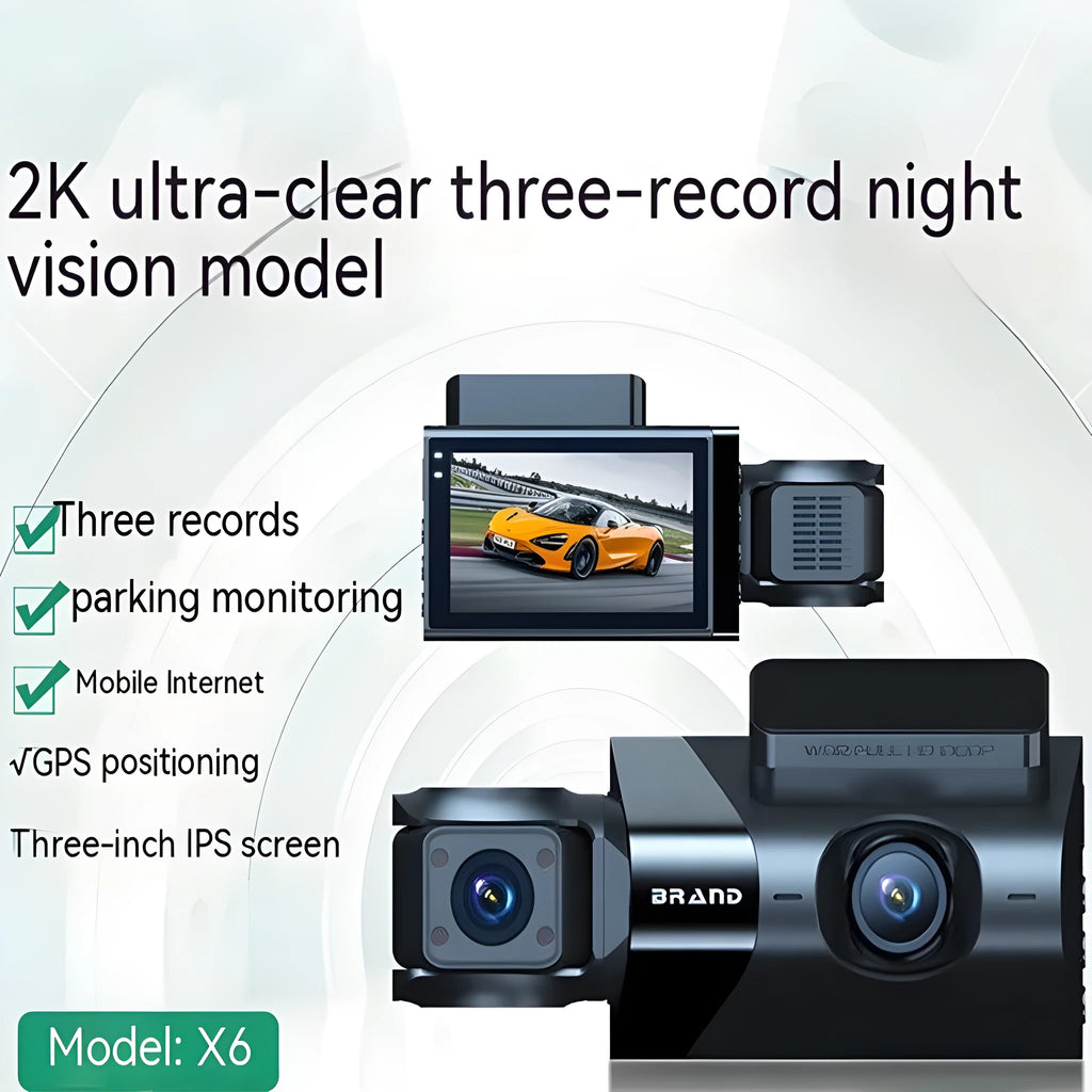 Black dash camera with 5-inch screen, front and rear 2K recording, WiFi and GPS features