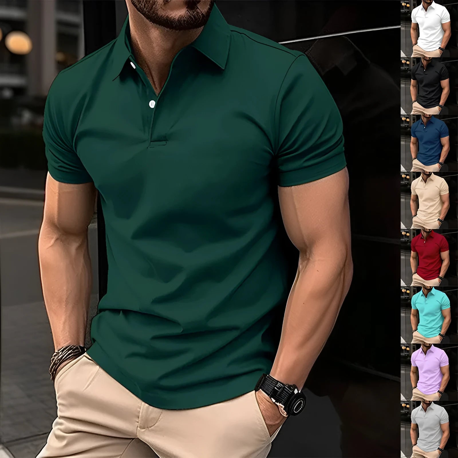 Men's solid colour short sleeve polo shirt with button lapel in cotton mix fabric for summer wear