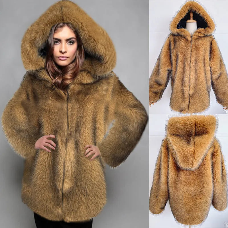 Silver grey women's loose-fit faux fur coat with regular sleeves, shown mid-length.