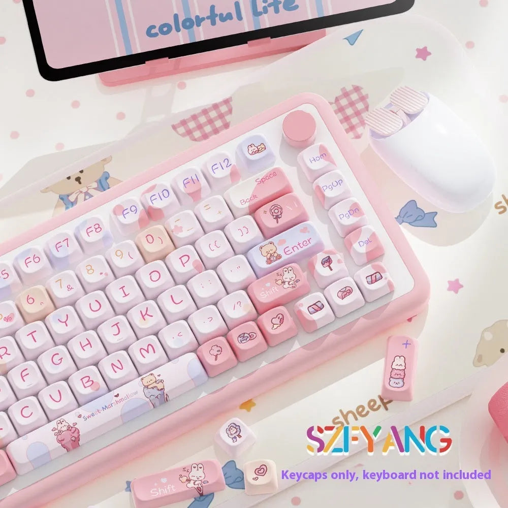 Sweet Cotton Candy pink and white mechanical keyboard keycap set with original character designs