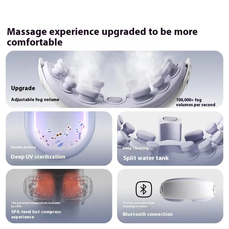 Bluetooth steam eye moisturising hot compress massage device in purplish gray, green, or ink gray colour.